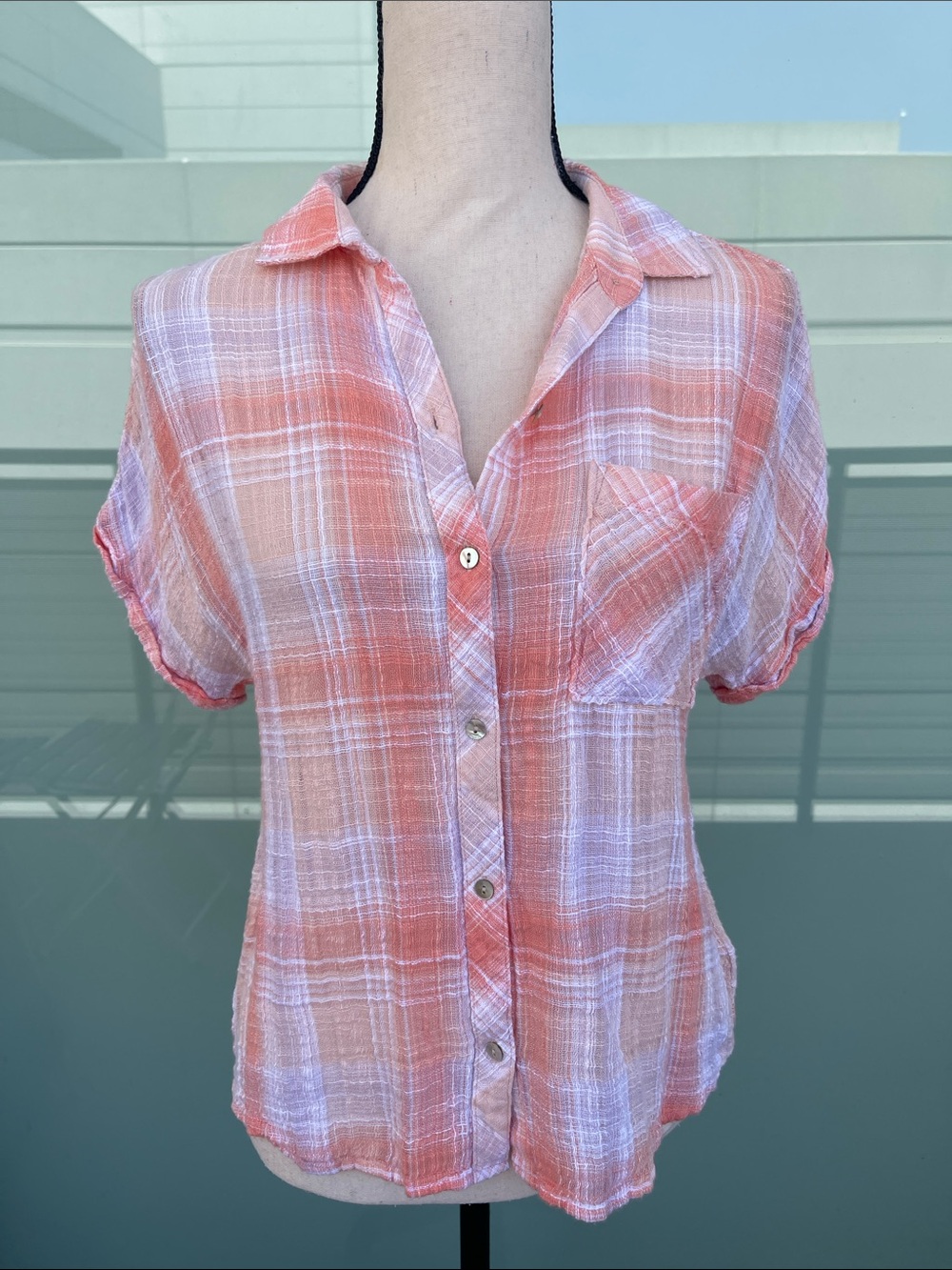 Cloth & Stone Plaid Cotton Button Up Coral & Peach Short Sleeve Top Small